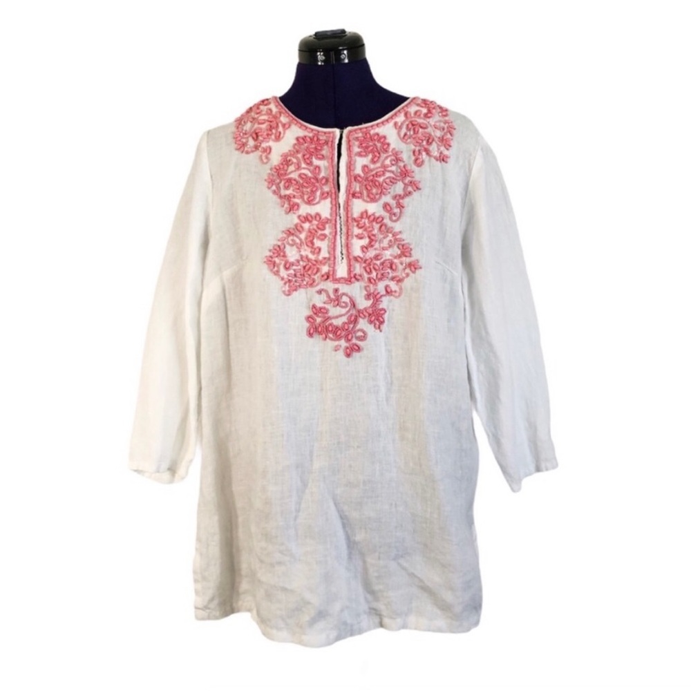 Charter Club White Pink Linen Beaded Long Sleeve Top